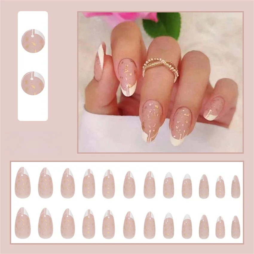 24Pcs/Set Simple White Adhesive Fake Nails French Almond Acrylic Wearing False Nails Full Coverage Fashion Press on Nail Tips