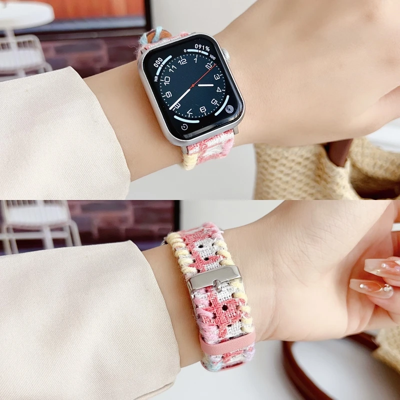 Korean Chromatic Nylon Weave Woolen For Apple Watch 49MM 46 45 44MM 42 41 40 38MM Autumn Flannel For Iwatch Series 10 9 8 7 6 5