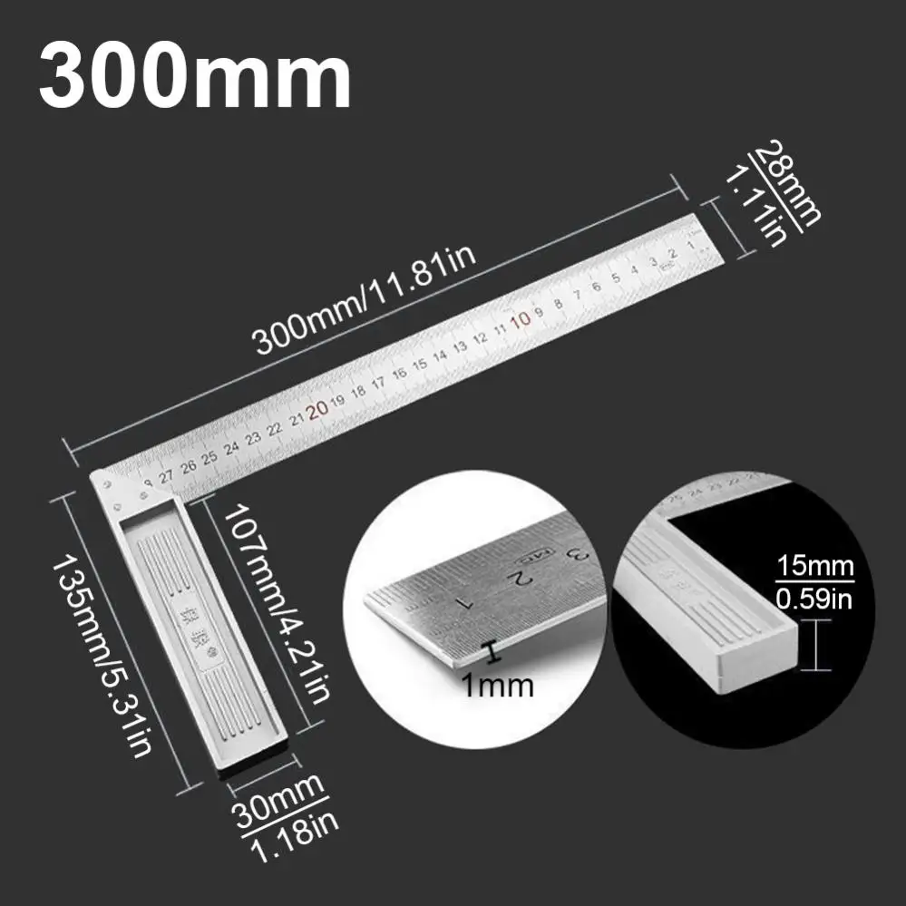 1 Piece Angle Rulers 300mm / 500mm Stainless Steel 90 Degree Right Angle Ruler for Woodworking / Office