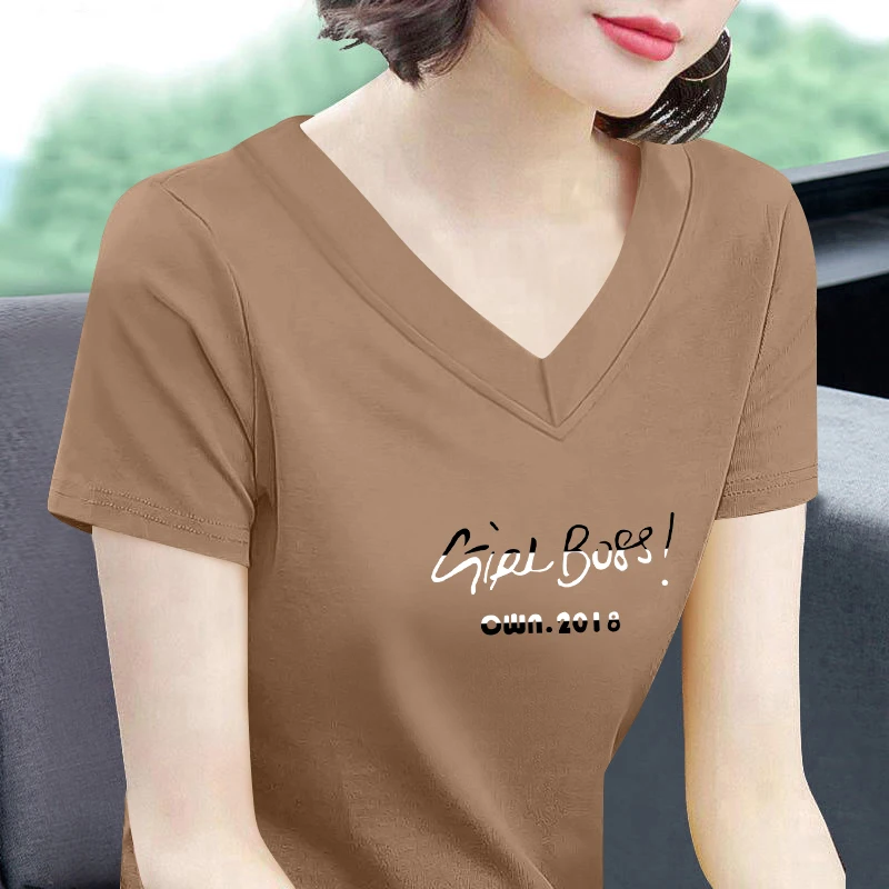 순면 또는 면 혼방 티셔츠 여성용 루즈핏 브이넥 슬림핏 패셔너블 탑 여름 신상 엄마 의류 여성 상의