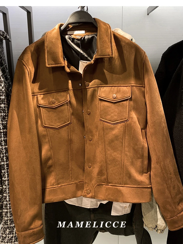MAMELICCE Original design Faux Suede Jacket Short Men's Casual Outerwear Vintage color turn-down collar jackets coats