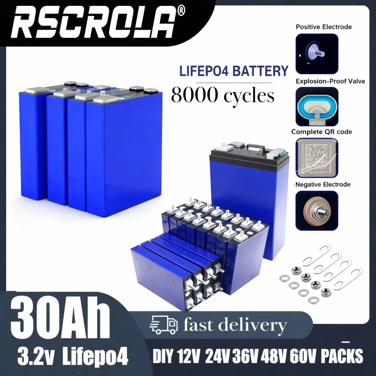 

Grade A 3.2V 30Ah LiFePO4 Battery 8000 Cycles 12V/24V/48V/60V Universal for Campers/Golf Carts/Yachts