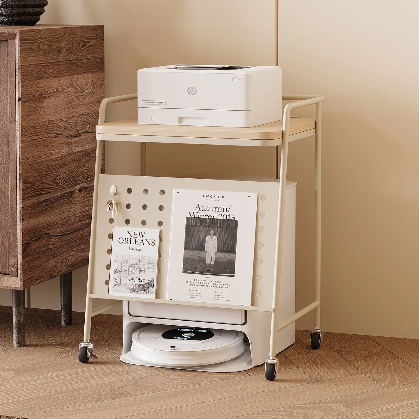 ‌Robot Vacuum Storage Stand - Rolling Printer Shelf for Sofa, Fish Tank & Base Station, Multi-Functional Furniture
