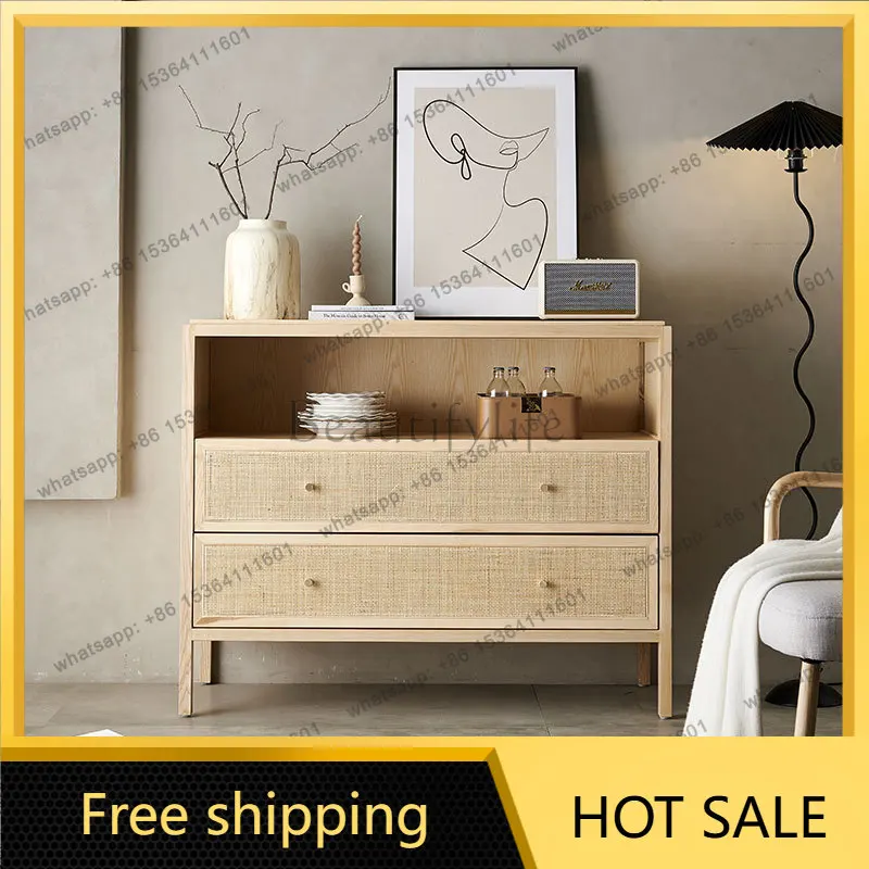FG Nordic retro drawer, bucket cabinet, wabi-sandy wind solid wood rattan storage, double pumping, entrance cabinet