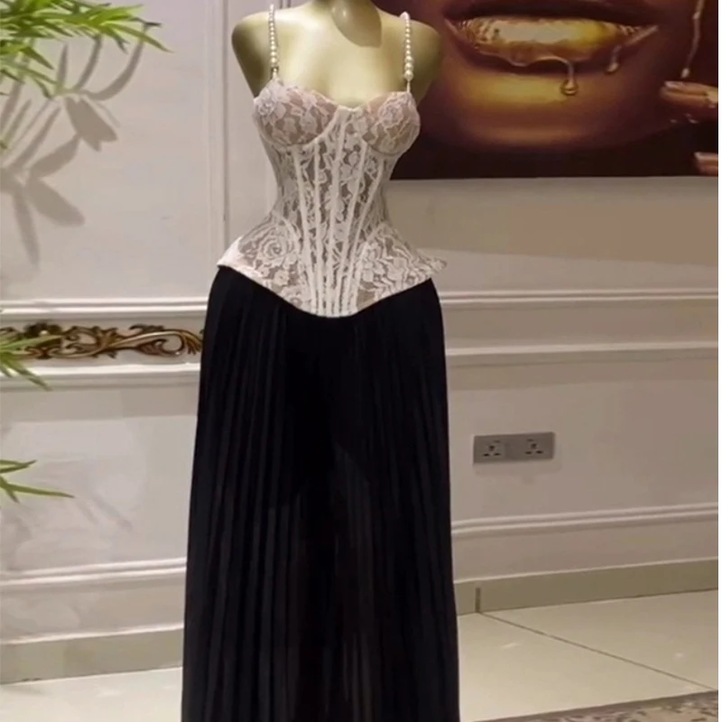 

Elegant Women's Pant Set Sleeveless Tight Fitting Strap Lace Tops +Long Pleated Pants 2025 Vacation Street Two 2PieceSet Outfits