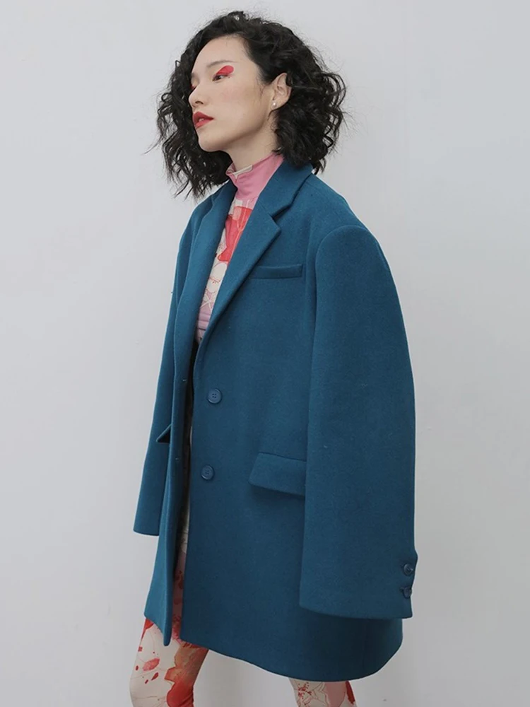 [EAM] Blue Belted Big Size Elegant Woolen Coat New Lapel Long Sleeve Women Jacket Fashion Tide Autumn Winter 2024 1DH7224