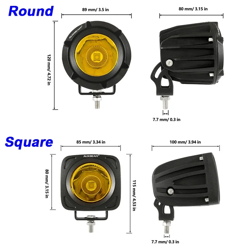 AUXBEAM 3.5 Inch Round/Square Combo Beam LED Work Light Pods with Harness for Truck Pickup Offroad