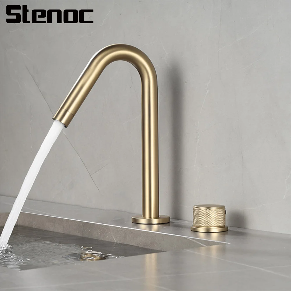 Stenoc Bathroom Brushed Gold Brass Basin Faucet Single Handle Two Holes Separate Bathroom Sink Tap 360 Rotating Hot Cold Switch