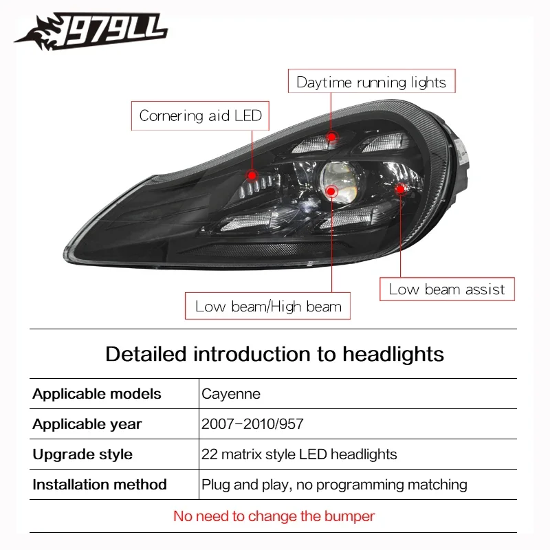 LED Front Lamp Housing For Porsche Cayenne 957 2007-2010 Upgrade To New Style Front Light view 5