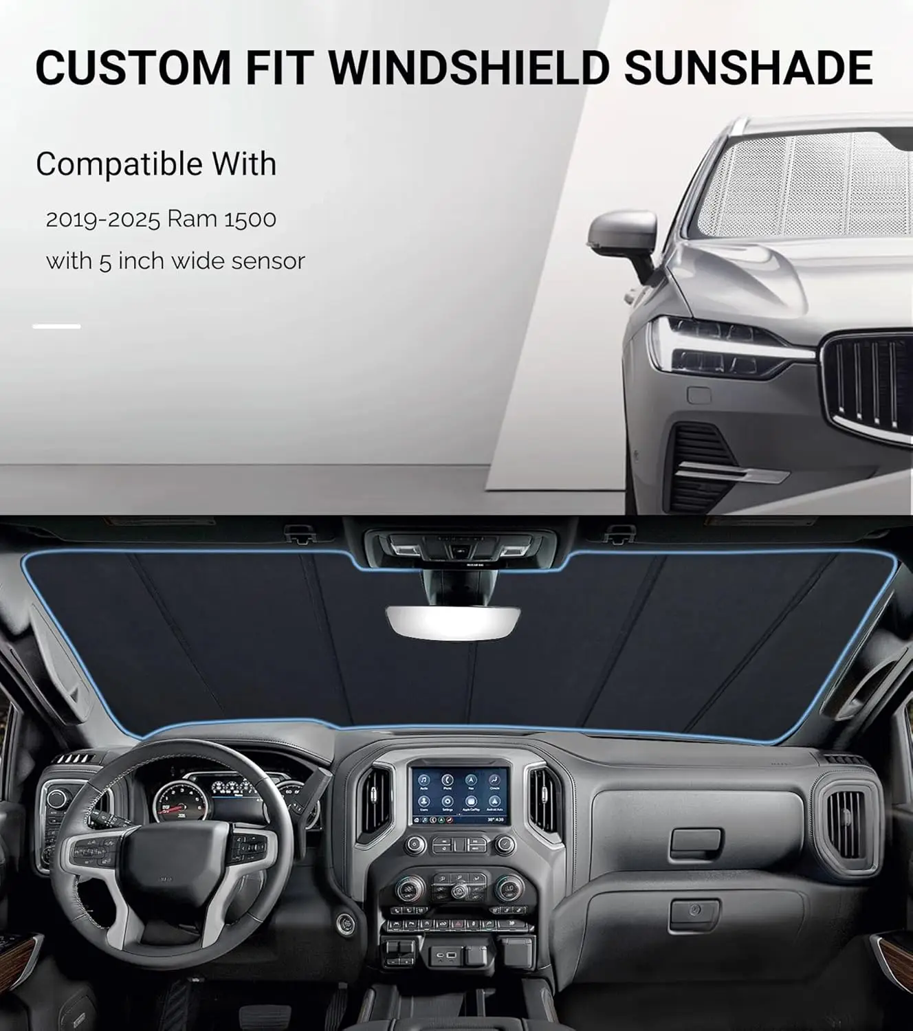 Custom Fit Sun Shade for Ram 1500 2019-2025 with Wide Sensor, Reflective Aluminum Film for Heat and UV Protection