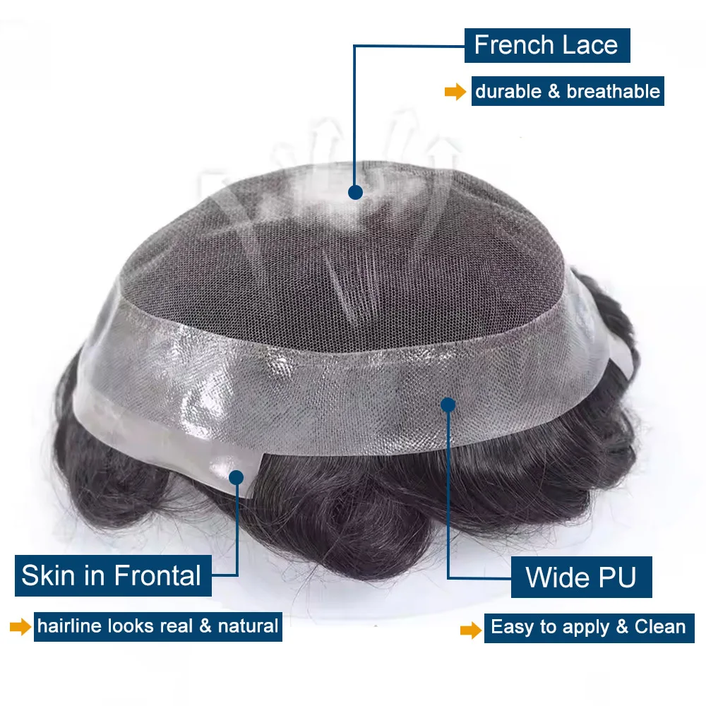 الدانتيل بو الشعر المستعار الرجال الشعرية الاصطناعية الدانتيل الفرنسي الباروكة للرجال شعر الإنسان رجل شعر مستعار نظام الأسود الذكور هيربيسي وحدة