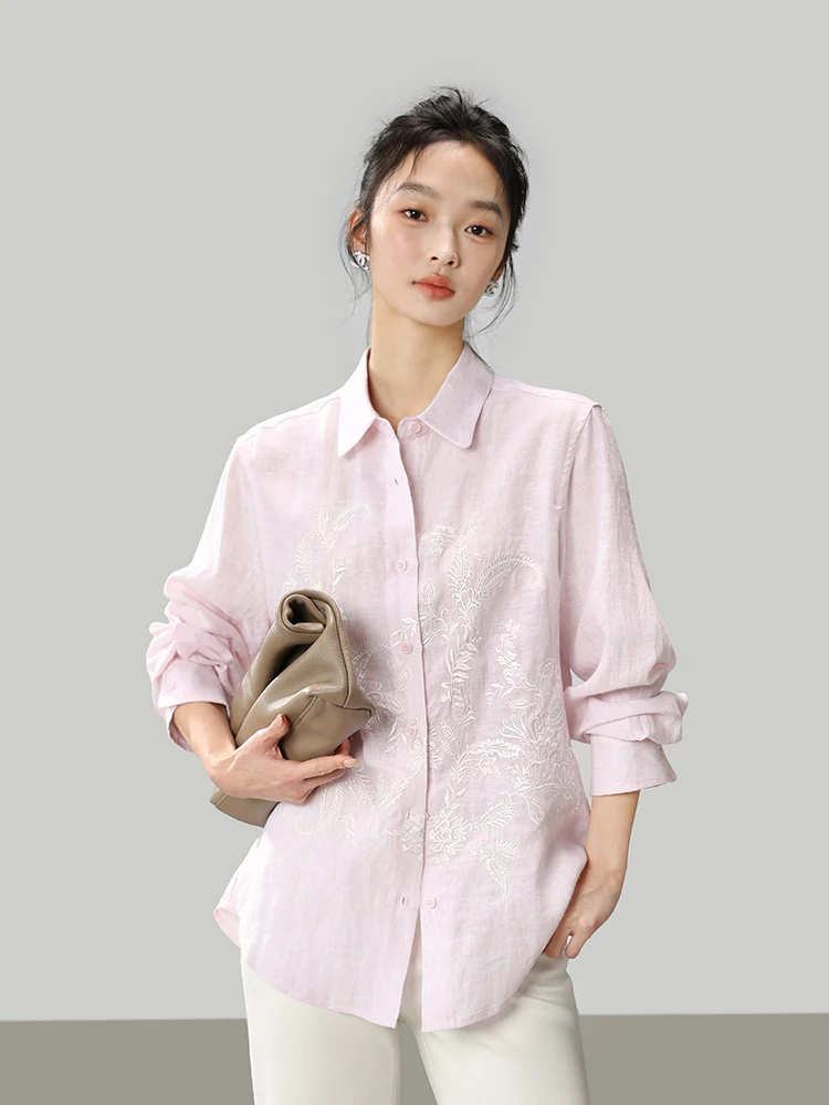

Ele Classic nce Linen Long Sve irt for Women Floral Embroidery Versatile Busin Casual Sle Spring 2026