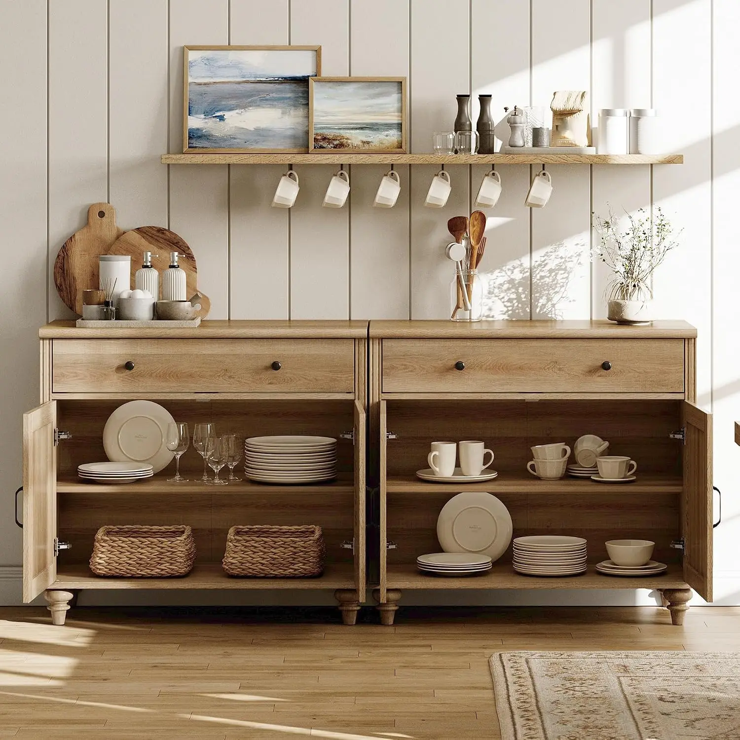 Large Buffet Cabinet 8 Doors 4 Drawers Modern Coffee Bar Wood Kitchen Storage Farmhouse Sideboard 134 inch, Customized