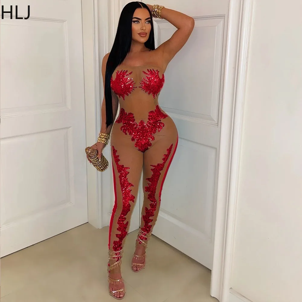 HLJ Sexy Mesh Sequin Perspective Bodycon Tube Jumpsuits Women Off Shoulder Sleeveless Slim Playsuits Fashion Party Club Overalls