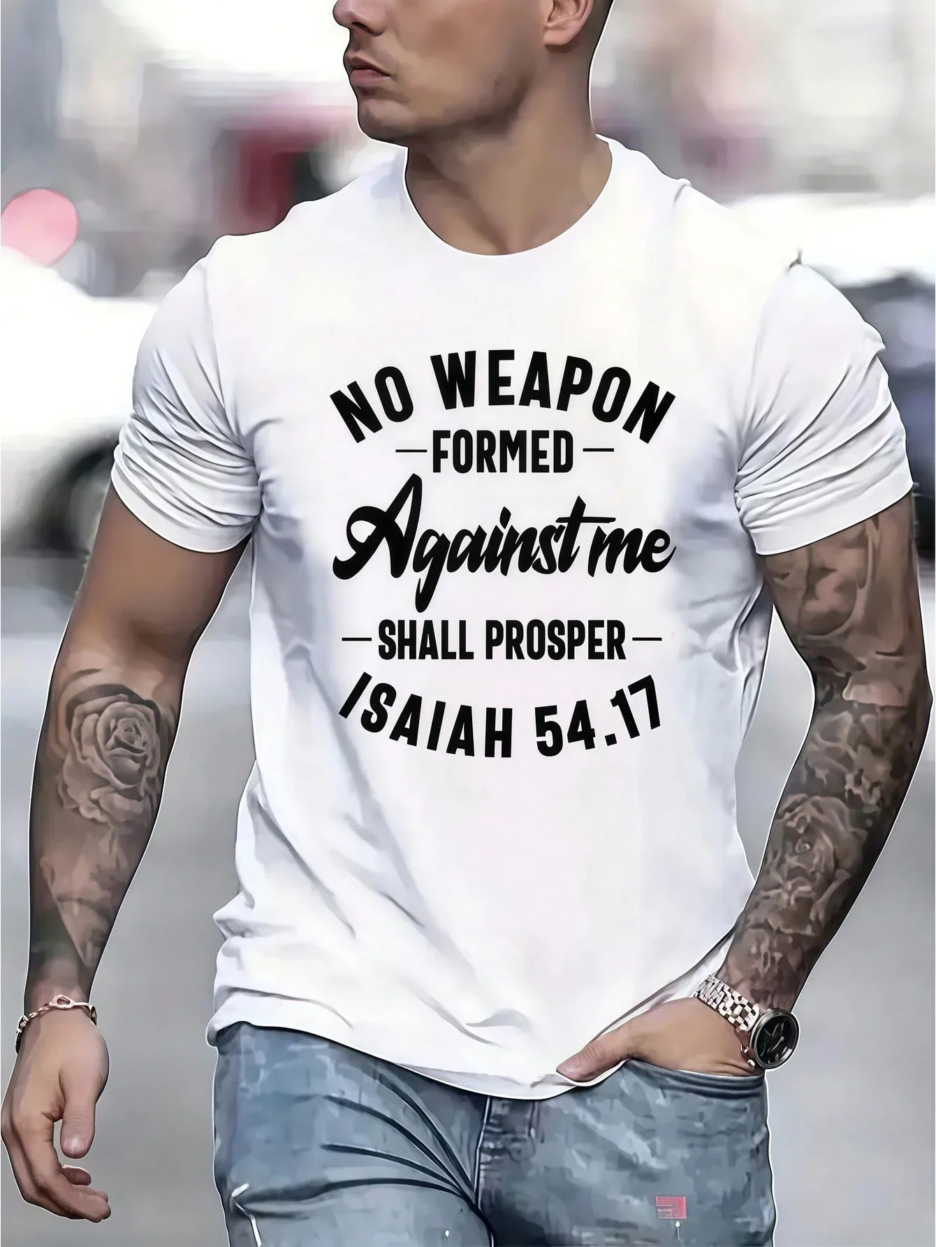 1 Pc Men's Clothing Bible Verse Printed White Tshirt, Summer Tops, Unisex Casual Crew Neck Tshirt, Plus Size Men's 5Xl Gift Tee