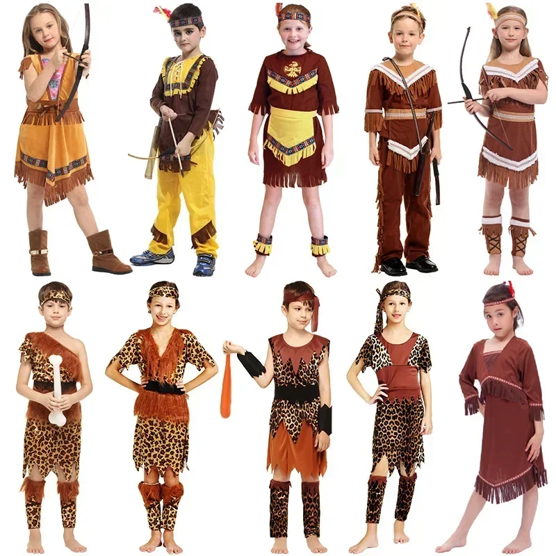 Halloween Child Indian Princess Native Archer Huntress Chief Costume Girls Boys Purim Mardi Gras Cosplay Costumes