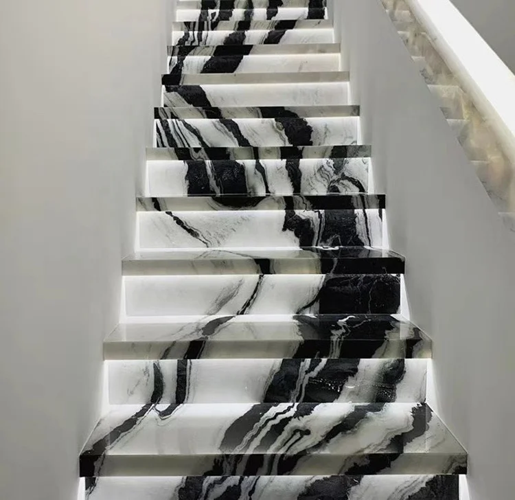 Manufacturer Price Marble Floating Straight Stairs Modern Indoor Panda White Marble Stair Tread Design