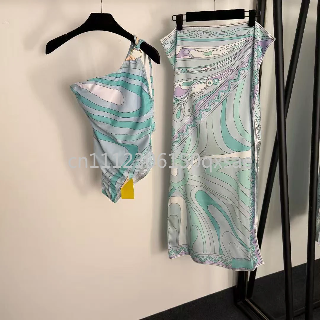 

Classic Design Women's Blue Scarf One-shoulder Swimsuits with Letter Signature Logo Lady Sexy Scarf Bikini Sets Beachwear