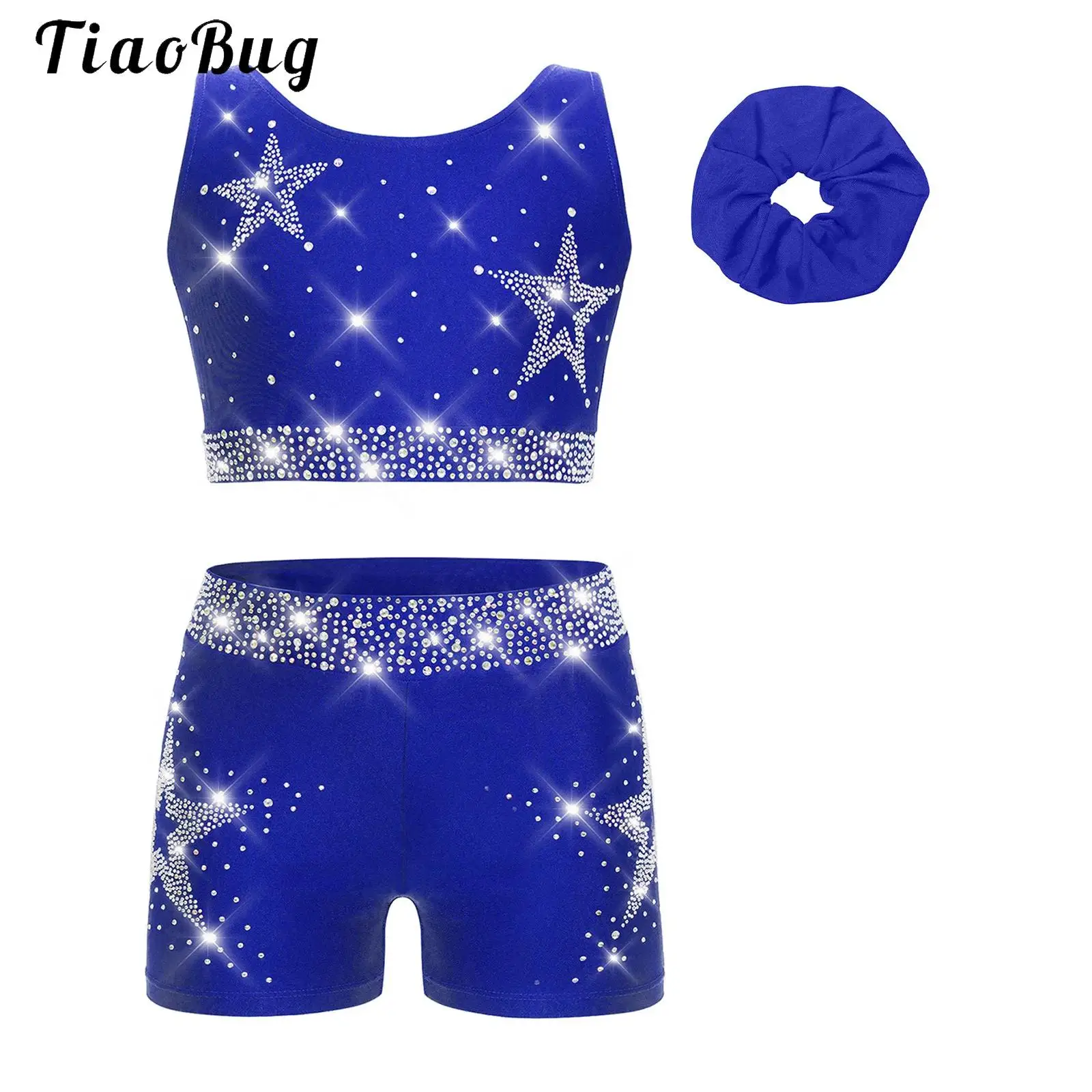 

Athletic Gymnastics Figure Skating Ballet Dance Outfit Kids Girls Rhinestones Tank Crop Top with Shorts Activewear Dancewear
