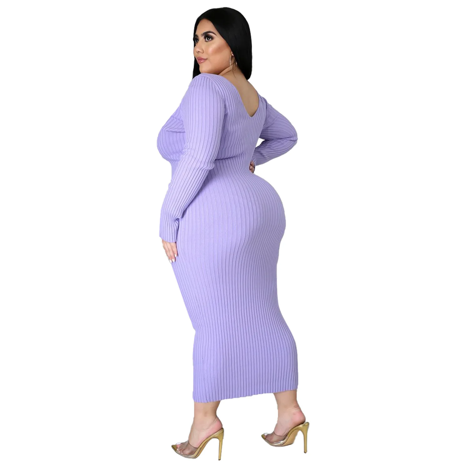 HAOOHU Rib Sunken Stripe Knitted Cotton Dress Solid Color Women Casual Plus Size Dresses Fashion Autumn Winter Long Clothes 2023