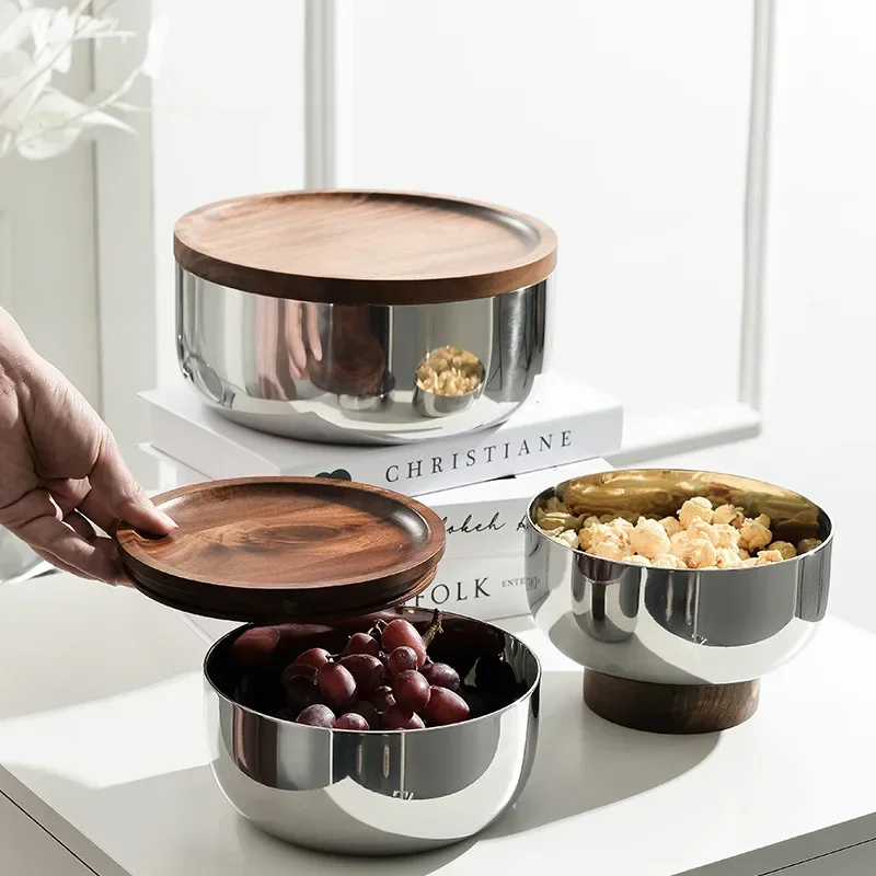 

Wood fruit tray three-layer stainless steel bowl household light luxury high foot nut snacks end table storage decoration