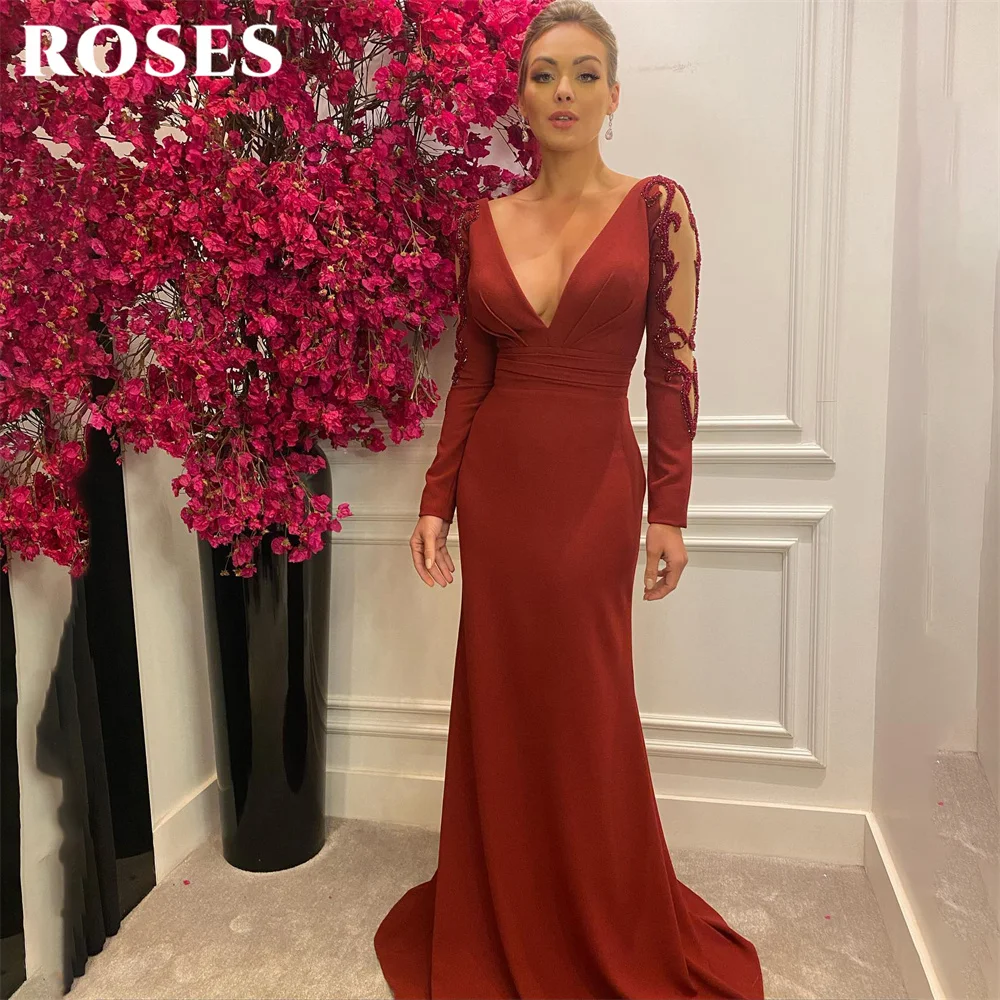 

ROSES Mermaid Sexy Special Occasion Dresses Chiffion Burgundy Formal Gown Embroidery Long Evening Dresses vestidos de fiesta