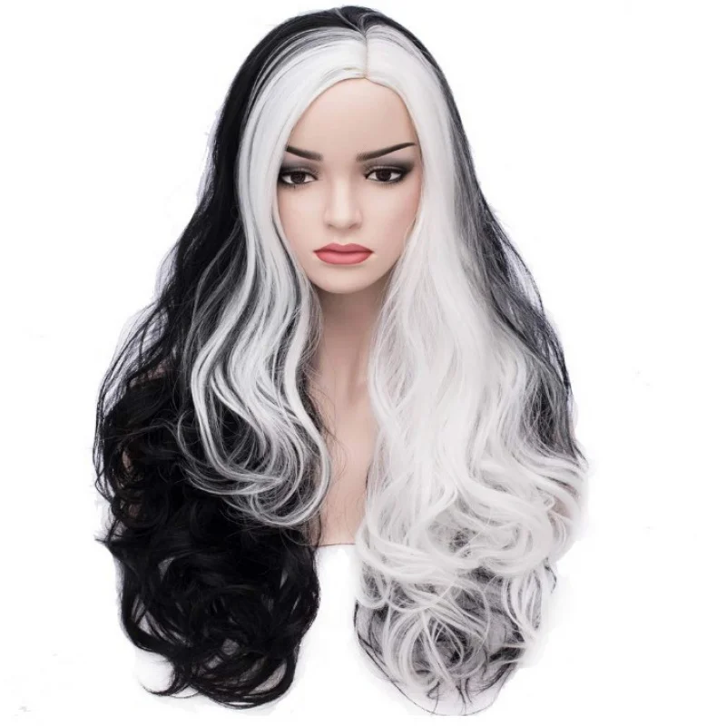 

Новый аниме-парик с боковой частью, двухцветные длинные вьющиеся волосы Kuira, косплей, черный и белый L