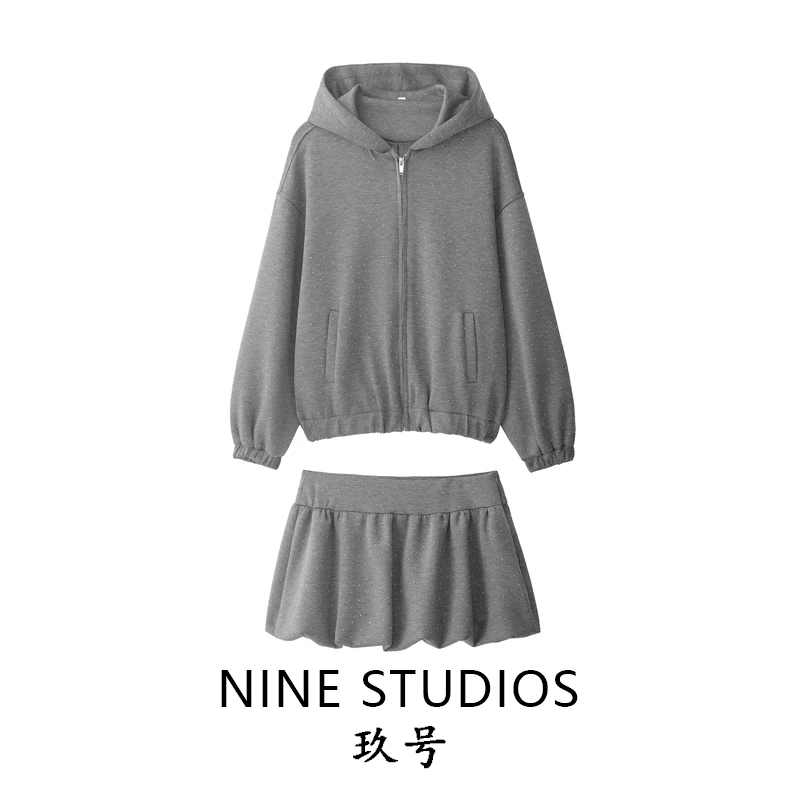 

NINE ZAR Women's Fashion Zip-Up Hoodie Sweatshirt Loose High-Waist Skirt Set European Style Winter Collection