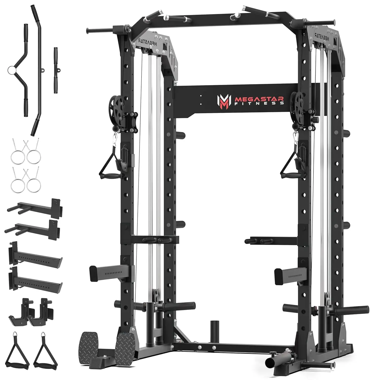 Paquete de Gimnasio en Casa con Jaula de Potencia – Soporte Multifuncional para Sentadillas con Capacidad de 2000 LB y Juego de Discos de Peso de 245 LB, Personalizable