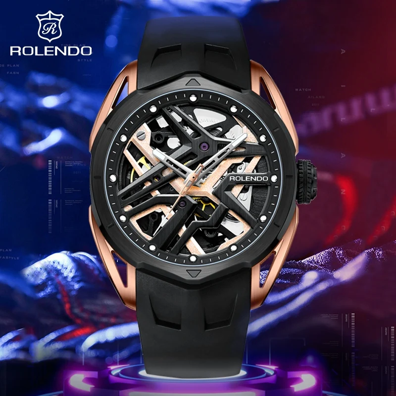 

ROLENDO Skelettiert Automatic Mechanical Watch for Men Cool Luminous Silicone Strap Sapphire 5ATM Luxury Sports Man's Wristwatch