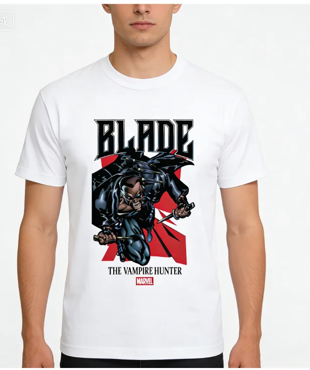 

Подлинная футболка Marvel Newretro Blade Vampire Hunter Attack Stamp Comic для мужчин и женщин, короткая повседневная футболка больших размеров из чистого хлопка с комиксами