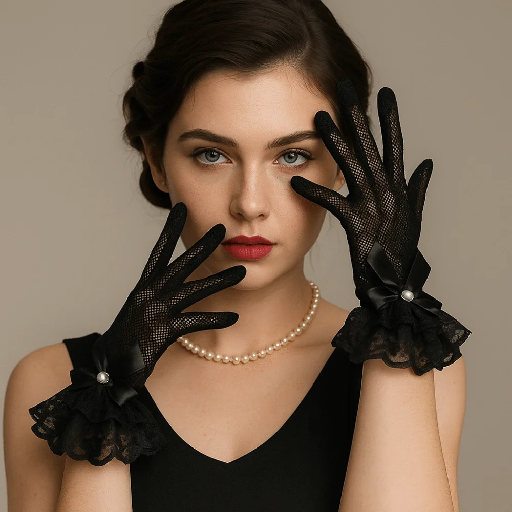 1 زوج موضة بسط شبكة صيد السمك قفازات برباط خمسة أصابع فستان من الدانتيل قفازات شبكية ربطة القوس فيونكة اللؤلؤ لوليتا قفازات العروس