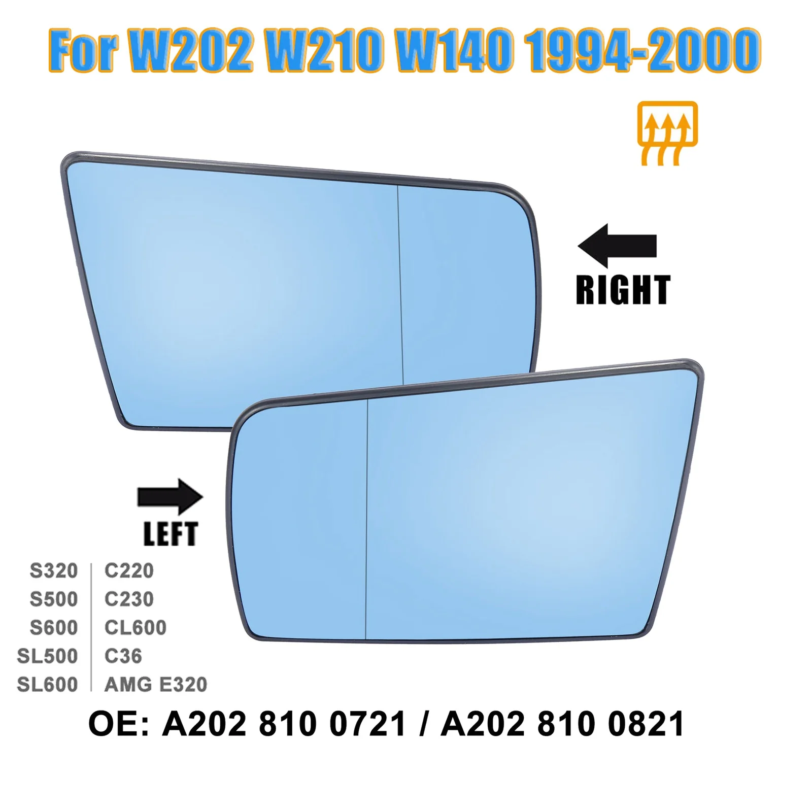 Cermin kaca ปีกด้านขวาให้ความร้อนด้วยแผ่นรองหลังสำหรับ Mercedes-Benz C W202 E W210 S W140 1994-2000