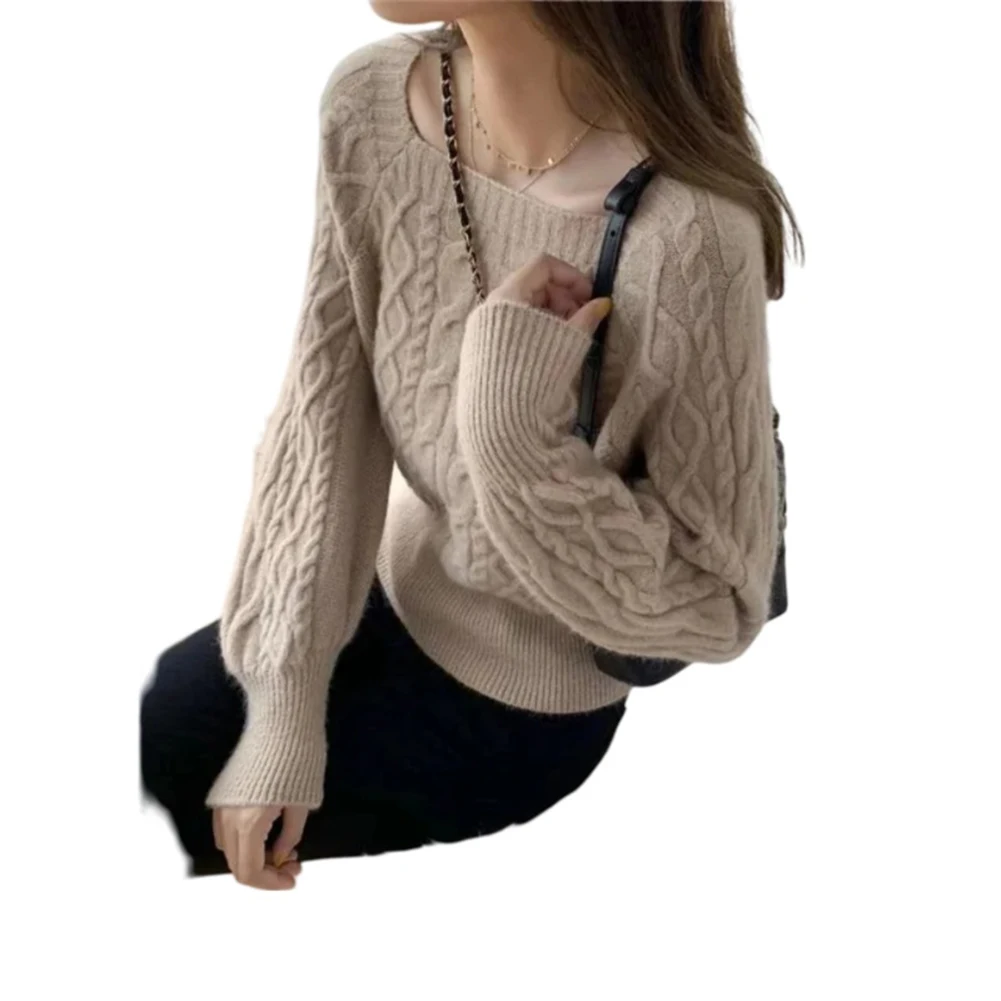 Autumn Winter Sweater Khaki Loose Knit Sweater Comfortable Fit Long Sleeve Pattern Solid Regular Length Round Neck