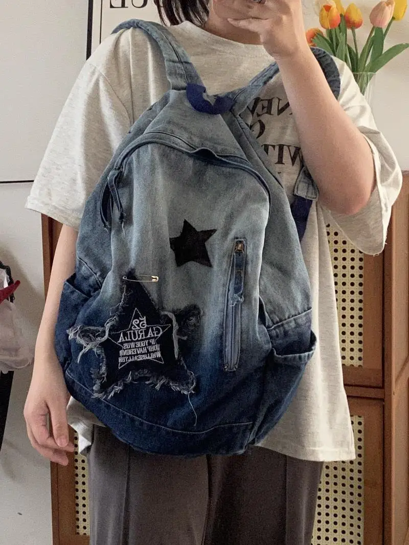 Zaino Y2k da donna borsa da scuola in Denim stile coreano per ragazza modello stella adolescente studente zainetto libro ricamo Bagpack nuovo