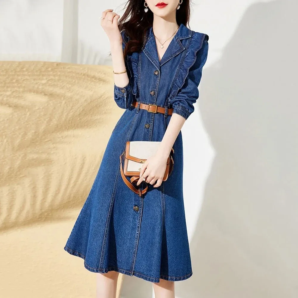 Autunno New Vintage Ruffles abito in Denim a maniche lunghe moda donna al ginocchio Jean abiti donna Casual Vestido Mujer Robe 2022