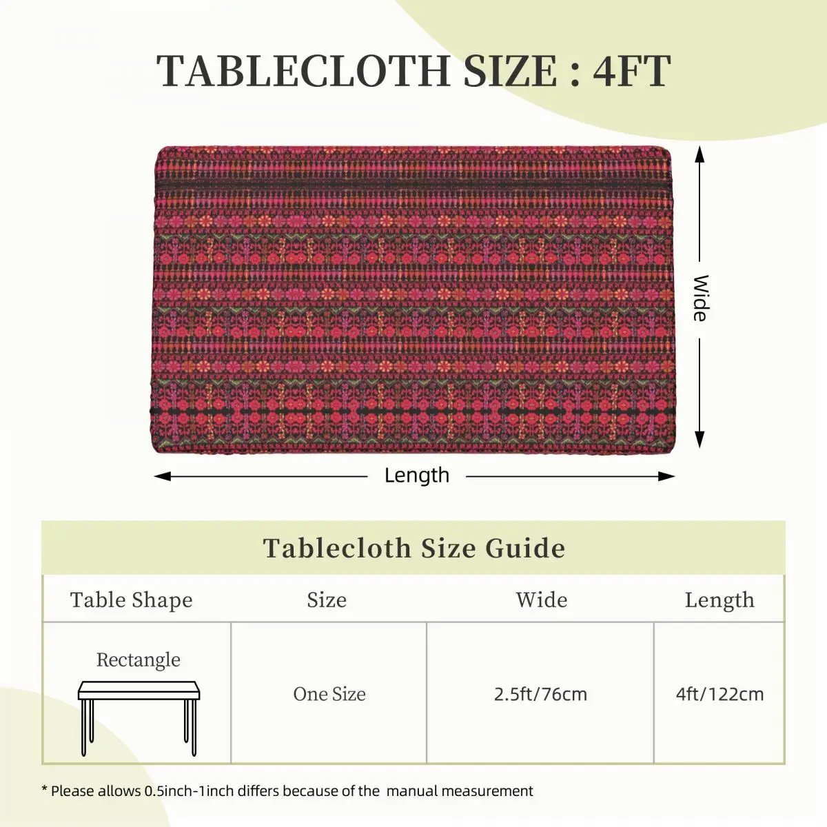 Custom Rectangular Palestinians Tatreez Embroidery Arabic Art Table Cloth Waterproof Tablecloth Outdoor 4FT Table Cover