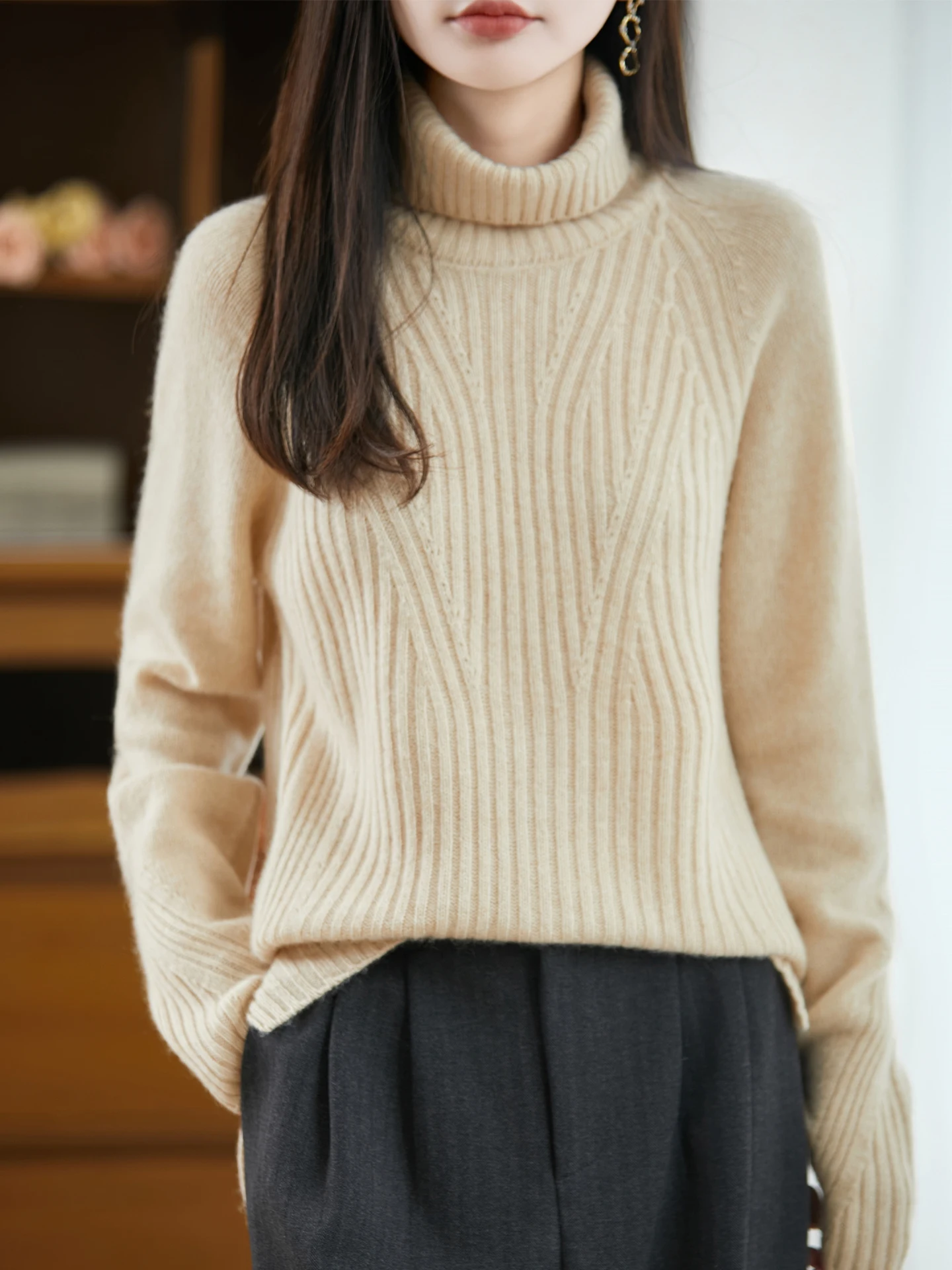 

Autumn Winter Women Turtleneck Sweater Pure Wool Pullover Raglan Sleeve Basic 100% Merino Wool Warm Knitwear Striped Tops New
