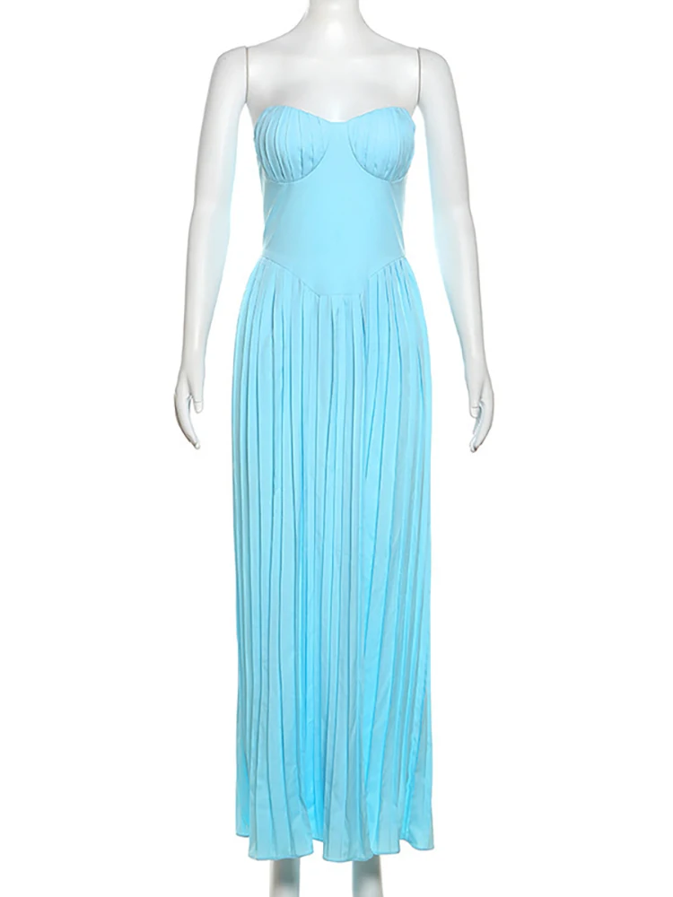 JULISSA MO Sexy Strapless Zipper Pleated Women Maxi Dress Blue Backless Evening Dress Femme Summer Skinny Elegant Party Clubwear