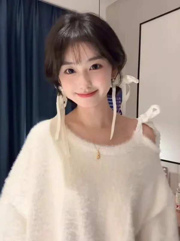 

Charming Knot oulder Bared Sweater Gentle Sle Unique Loose Top Spring Faion for ort Women Cute And Beautiful