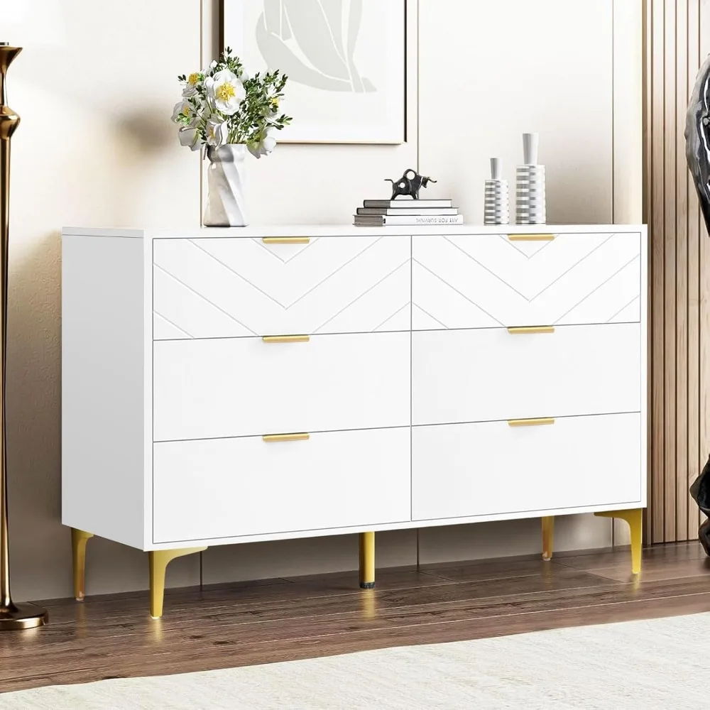 6 Drawers Dresser for Bedroom, Modern White Chest of Drawers Storage Chest Double Dresser Horizontal Dressers for Bedroom, Livin