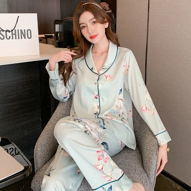 Long Sleeved Pants Pajama Set Fashionable Printed Lapel Sleepwear Loose Casual Nightwear Women's Satin Loungewear Home Clothes