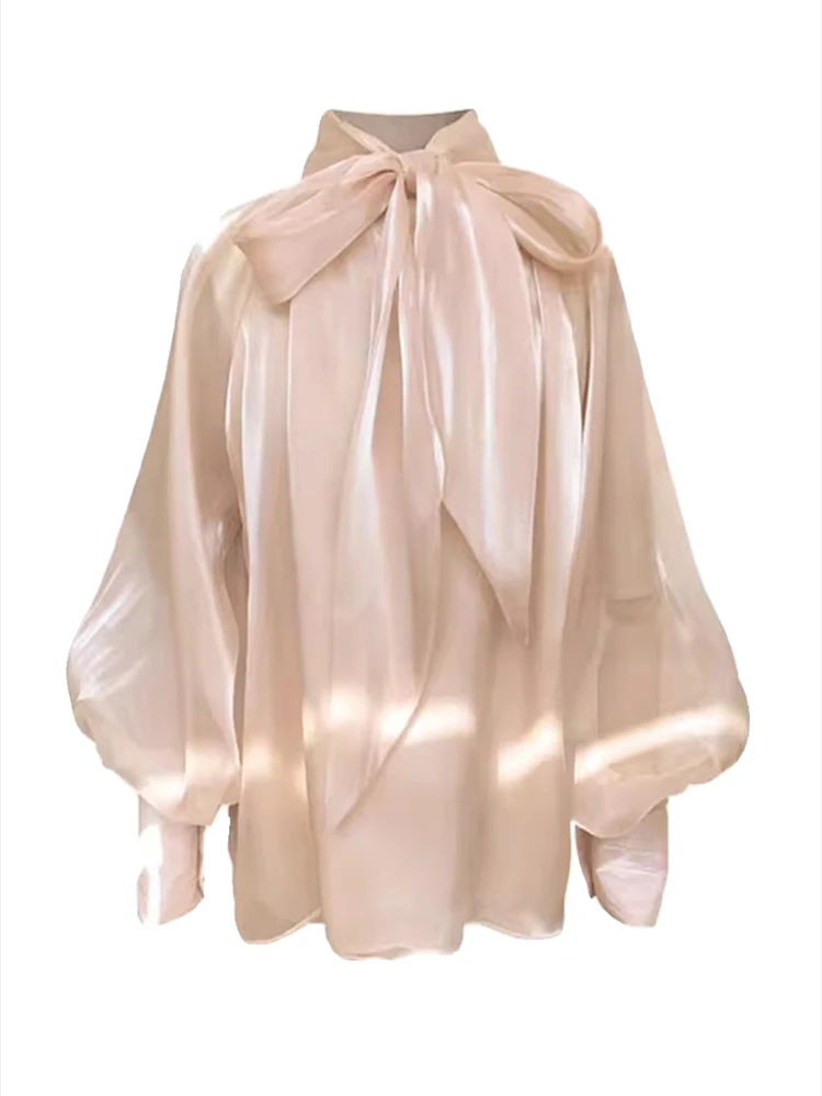 Elegant Loose Lantern Sleeve Female Blouse Stylish Lapel Bow Women Pullovers Shirts Ladies Blusas