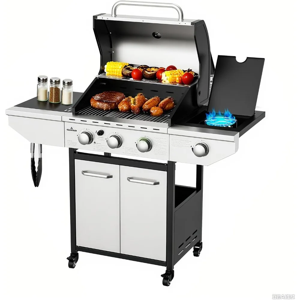 

3-Burner Propane Gas BBQ Grill with Side Burner, 40,000 BTU Gas Grill,Outdoor cooking for Barbecue,Patio,Camping, Stainless Stee