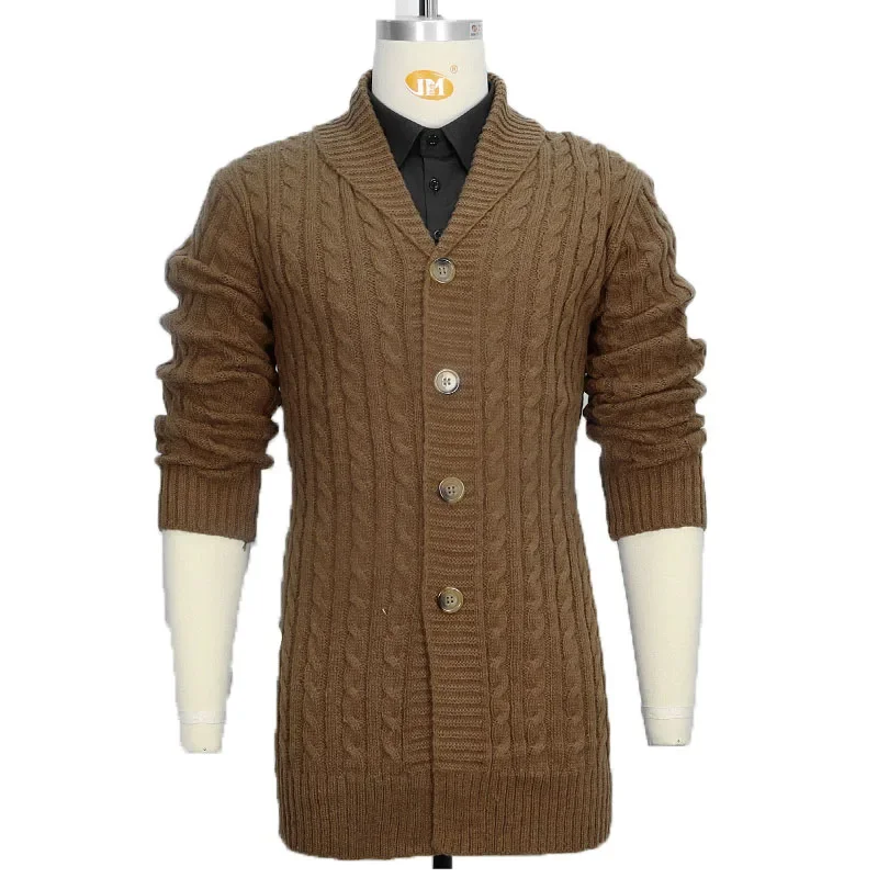 Men's Spring and Autumn Mid-length Sweater Thick Thread Twist Flower Cardigan Single-breasted Slim Lapel Wool Woven Coat