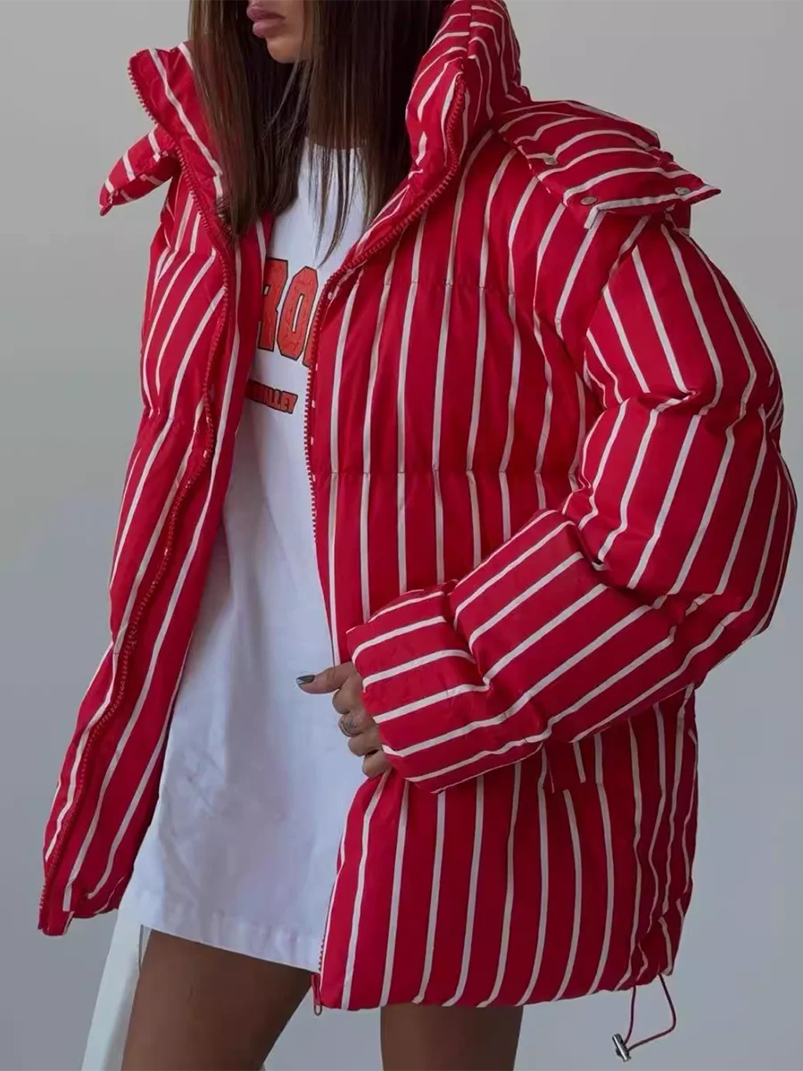 Twotwinstyle americano casual listrado para baixo casaco para mulher com capuz mangas compridas solto emendado zíper jaqueta feminina roupas de inverno