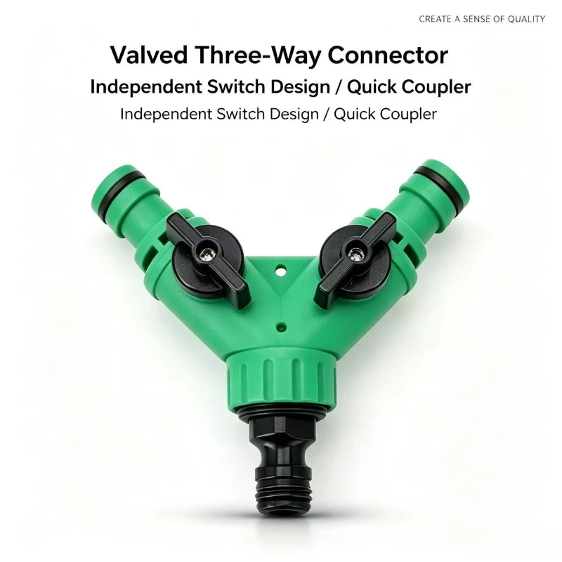 Y Shaped Garden Hose Diverter Valve, 2-Way Pipe Connector Adapter, Plastic Three-Way Water Tap Splitter with On Off Switch