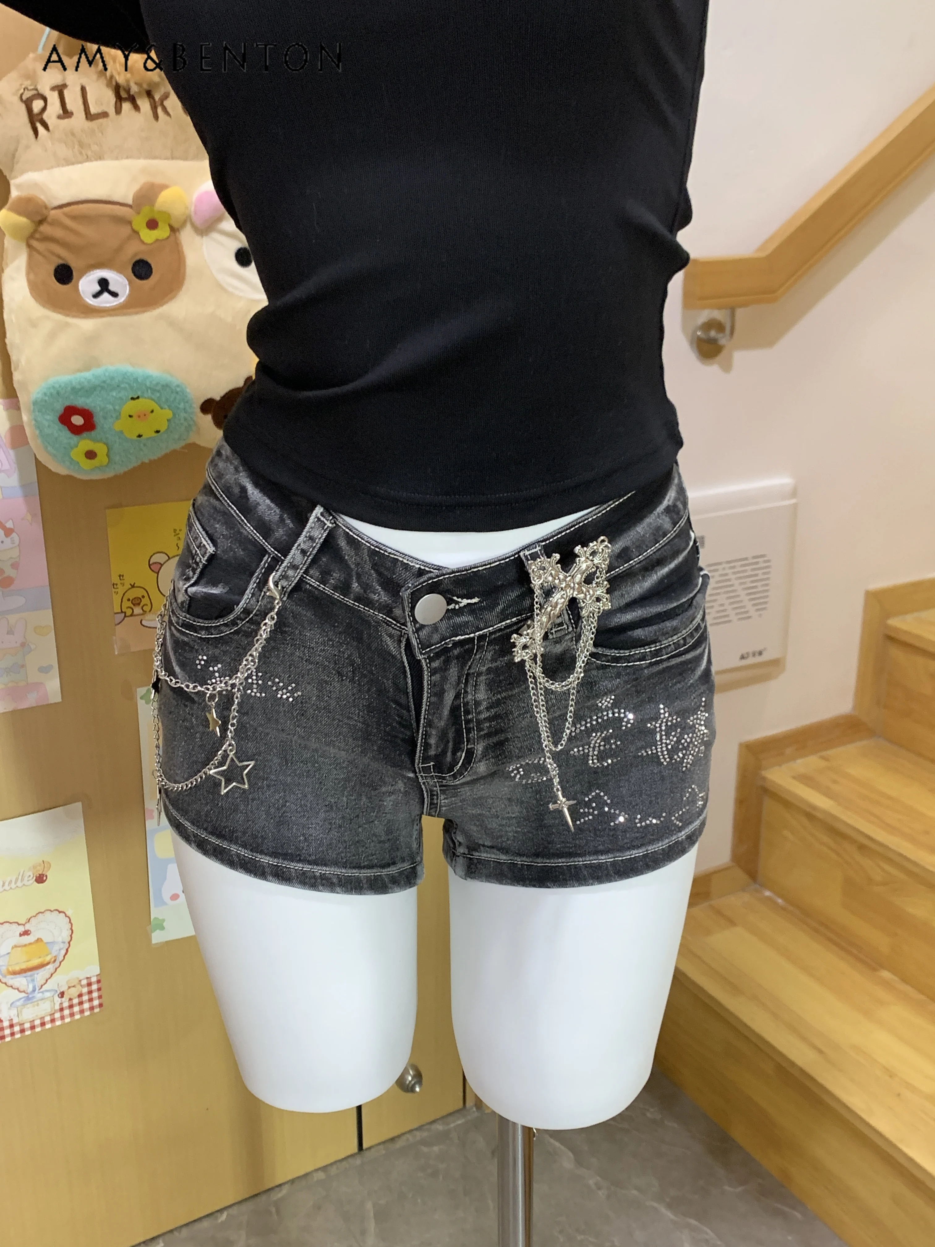 Original Spice Girl Retro Low-rise Denim Shorts Women Summer Japanese Sweet Cute Beaded Rhinestone Slim A-word Jeans Goth Shorts