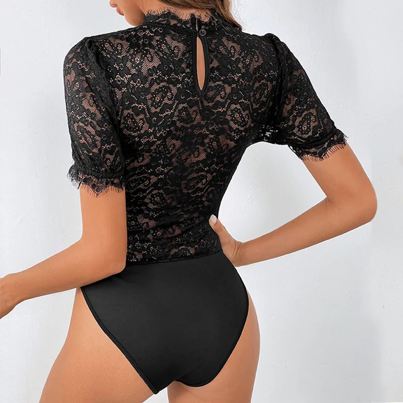 Harajuku Lace Jumpsuit Women Short Sleeve Bodycon Sexy Black Body Tops Fashion Streetwear Vintage Y2k Gothic Bodysuits Clothing