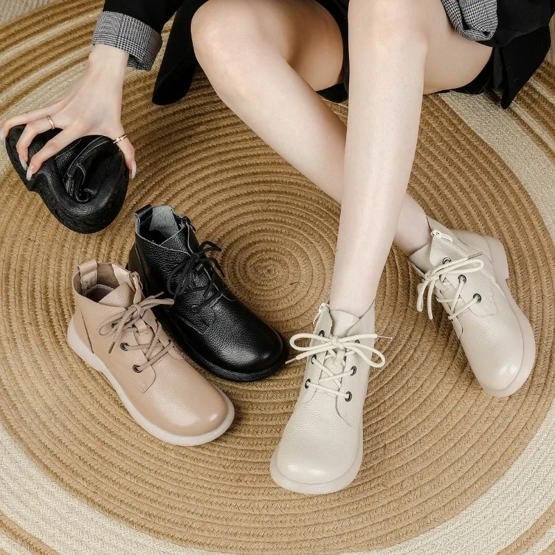 Autumn Early Winter Genuine Leather Shoes Women Ankle Boots Retro Soft Cow Leather Brand Ladies Boots Plus Size 41 D607